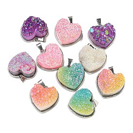 Eletroplated Natural Druzy Agate Pendants, Alloy Heart Charms, Platinum