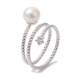 Round & Star Natural Pearl Finger Rings, Rhodium Plated Sterling Silver Micro Pave Cubic Zirconia Cuff Rings for Women