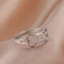 Bone with Paw Print Stainless Steel Rings, Jewely for Unisex