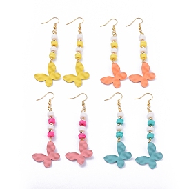 Butterfly Dangle Earrings, with Handmade Polymer Clay Heishi Beads, Spray Painted Iron Pendants and Brass Earring Hooks