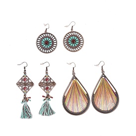 3 Pairs 3 Style Flat Round & Teardrop & Rhombus Cotton Braided Dangle Earrings, Ethnic Bohemian Alloy Big Drop Earrings for Women