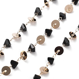 Плоские круглые цепочки из латуни и стеклянных бусин ручной работы, для ожерелья браслеты решений, долговечный, пайки, с катушкой