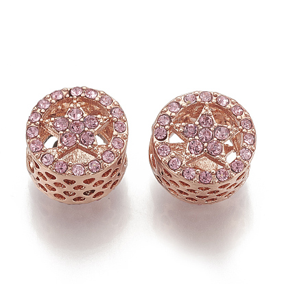 Alloy Rhinestone European Beads, Hollow, Large Hole Beads, Flat Round with Star