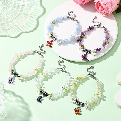 Браслеты из сплава с подвесками в виде бабочек с принтом, Комплекты браслетов из натуральных и синтетических смешанных бусин из драгоценных камней и немагнитного синтетического гематита для женщин