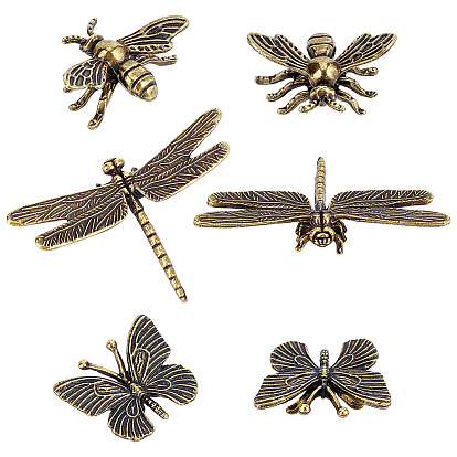 6шт. 3 стили, статуэтки из сплава, декоративные элементы для демонстрации, для украшения рабочего стола домашнего офиса, чайный питомец, пчела и бабочка и стрекоза