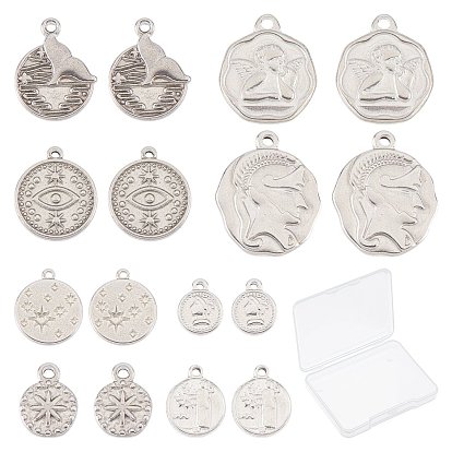 16Pcs 8 Styles 304 Stainless Steel Pendants, Flat Round