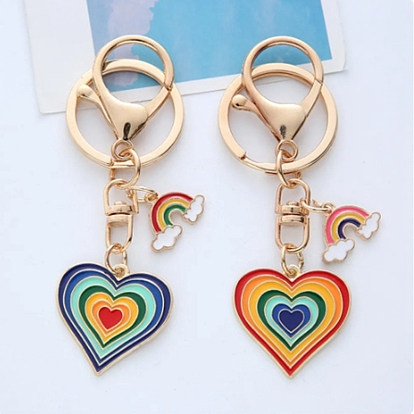 Zinc Alloy Enamel Rainbow Heart Keychain, with Metal Key Rings and Lobster Claw Clasps