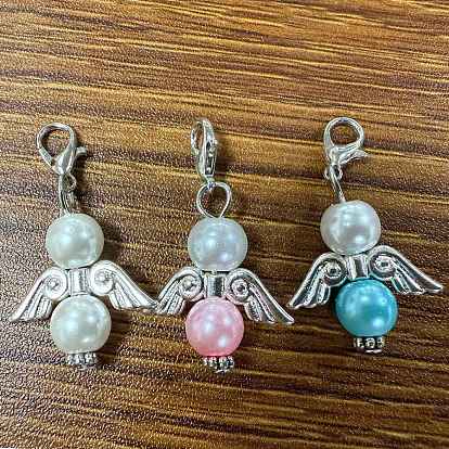 36pcs 3 styles décorations pendentif en perles de verre et alliage d'ange, avec alliage homard fermoirs pince