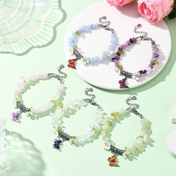 Браслеты из сплава с подвесками в виде бабочек с принтом, Комплекты браслетов из натуральных и синтетических смешанных бусин из драгоценных камней и немагнитного синтетического гематита для женщин