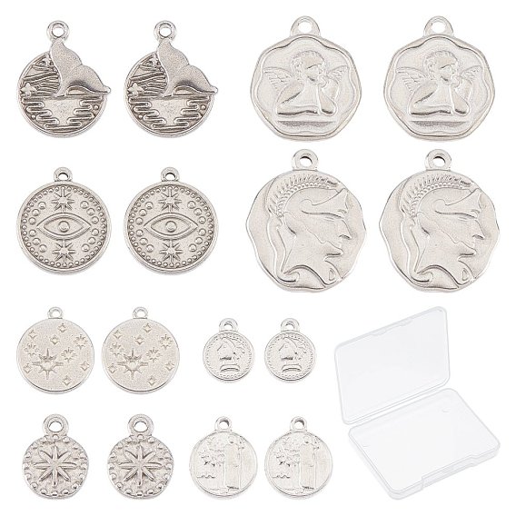 16Pcs 8 Styles 304 Stainless Steel Pendants, Flat Round