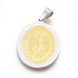 304 Stainless Steel Lady of Guadalupe Pendants, Oval with Virgin Mary