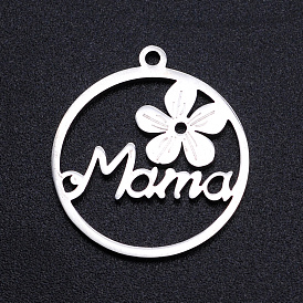 304 Stainless Steel Pendants, Filigree Joiners Findings, for Mother's Day, Laser Cut, Flower with Worde Mama