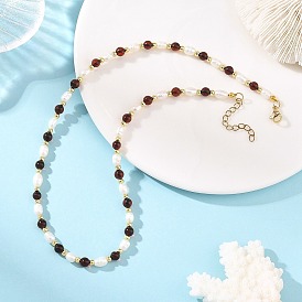 Natural Cultured Freshwater Pearl Rice and Natural Blood Amber Round Beaded Necklaces for Women, Dark Red