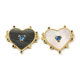 Brass Pave Colorful Cubic Zirconia Connector Charms, Heart Links with Mixed Shell, Long Lasting Plated. Cadmium Free & Lead Free
