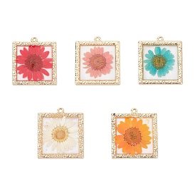 Epoxy Resin Pendants, with Dried Flower Inside and Light Gold Plated Alloy Open Back Bezel, Square