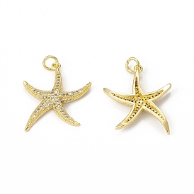 Brass Micro Pave Cubic Zirconia Pendants, with Jump Rings, Starfish Charm