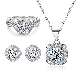Twisted Rope Diamond Ring Set with Round CZ Earrings and Sterling Silver Necklace for Women