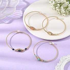 Faceted Horse Eye Natural Mixed Stone Herringbone Wire-Wrapped Brass Open Cuff Bangles with Natural Pearl for Women