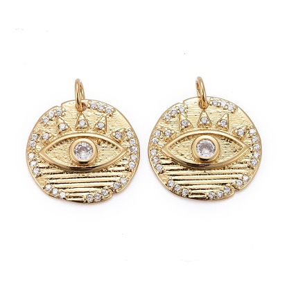 Brass Micro Pave Clear Cubic Zirconia Pendants, Long-Lasting Plated, with Jump Rings, Flat Round with Horse Eye