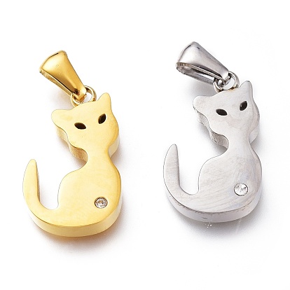 Ion Plating(IP) 304 Stainless Steel Charms, with Crystal Rhinestone, Laser Cut, Manual Polishing, Cat