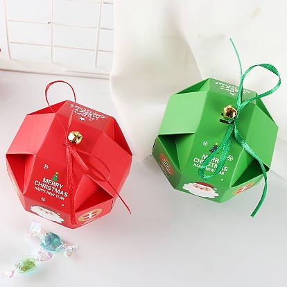 10Pcs Polygon Paper Bakery Boxes, with Bell and Ribbon, Christmas Theme Gift Box, for Mini Cake, Cupcake, Cookie Packing