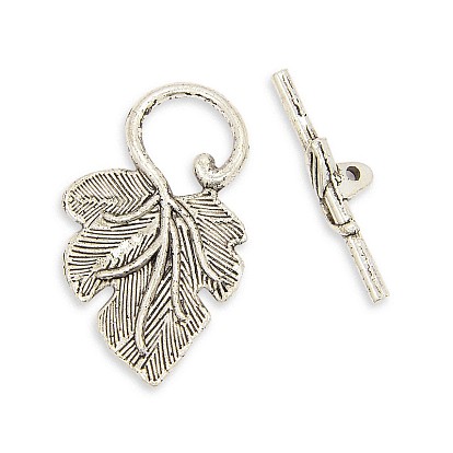 Tibetan Style Alloy Leaf Toggle Clasps, Leaf: 36x22.5x2mm, Hole: 2mm, Bar: 30x7x2mm, Hole: 2mm