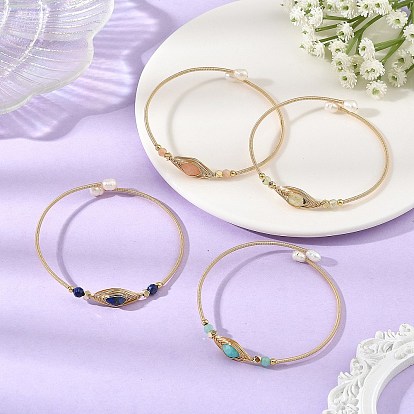 Faceted Horse Eye Natural Mixed Stone Herringbone Wire-Wrapped Brass Open Cuff Bangles with Natural Pearl for Women