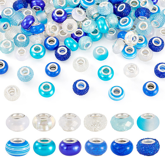 120шт. 12 цвета, имитация жемчуга, смоляные европейские бусины, бусины с большими отверстиями в форме шайбы, с двойных ядер серебрянного цвета