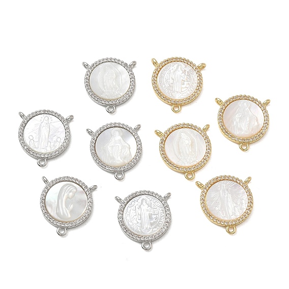 Brass Micro Pave Clear Cubic Zirconia Chandelier Component Links, Round, with Natural White Shell, Cadmium Free & Lead Free, Long-Lasting Plated, Rack Plating