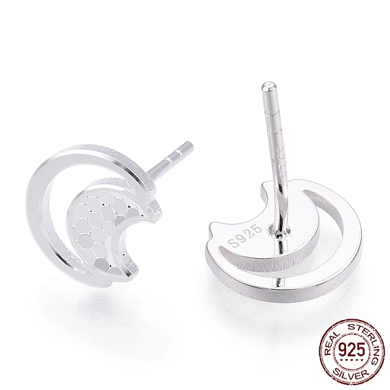 925 Sterling Silver Stud Earrings, Crescent Moon, Nickel Free, with S925 Stamp