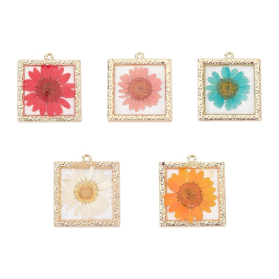 Epoxy Resin Pendants, with Dried Flower Inside and Light Gold Plated Alloy Open Back Bezel, Square