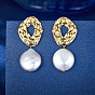 Estilo martillado 925 aretes colgantes de plata de ley, pendientes de perlas naturales, plano y redondo
