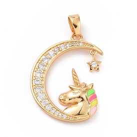Rack Plating Brass Micro Pave Clear Cubic Zirconia Pendants, with Enamel, Long-Lasting Plated, Cadmium Free & Lead Free, Moon and Unicorn & Star