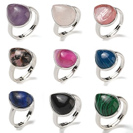 Natural & Synthetic Gemstone Teardrop Adjustable Rings, Lead Free & Cadmium Free, Silver Plated Brass Finger Rings for Women Men