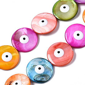  Natural Freshwater Shell Beads Strands, with Enamel, Double-Faced, Flat Round with Evil Eye, Dyed