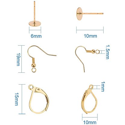 Laiton réglage de boucle d'oreille ensembles, avec des résultats de boucle d'oreille à levier, crochets et conclusions de boucles d'oreille