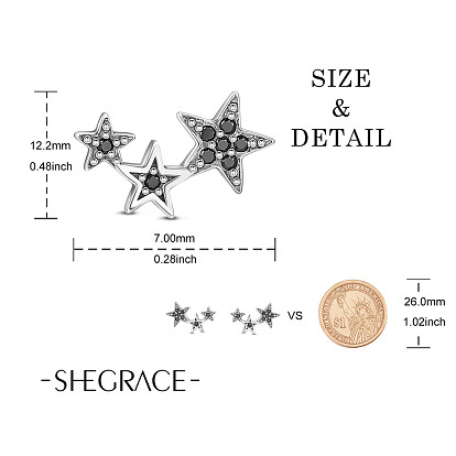 SHEGRACE 925 Thailand Sterling Silver Stud Earrings, with Grade AAA Cubic Zirconia, Star