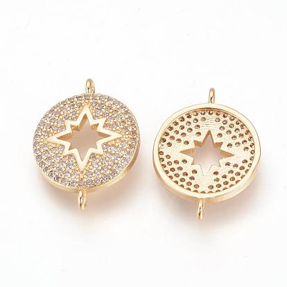 Brass Micro Pave Cubic Zirconia Links, Flat Round, Nickel Free