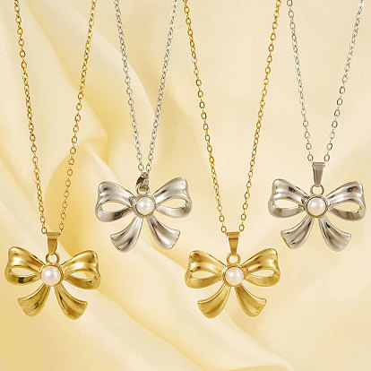 304 ожерелья с подвеской-бантом из нержавеющей стали с натуральным жемчугом