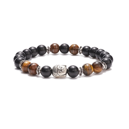 Natural Tiger Eye & Wood Round Beaded Stretch Bracelet with Alloy Buddha Head, Gemstone Jewelry for Women