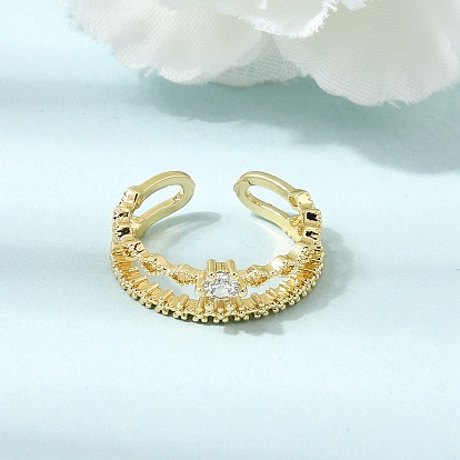 Brass Micro Pave Cubic Zirconia Cuff Open Rings for Women, Rhombus, Rack Plating, Long-Lasting Plated, Cadmium Free & Lead Free, Real 18K Gold Plated