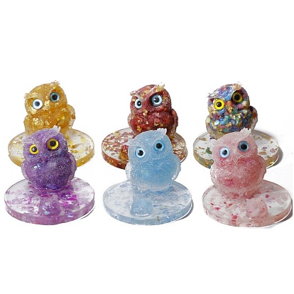 Resin Owl Mobile Phone Holders, with Natural Gemstone Chips inside Statues for Home Office Decorations