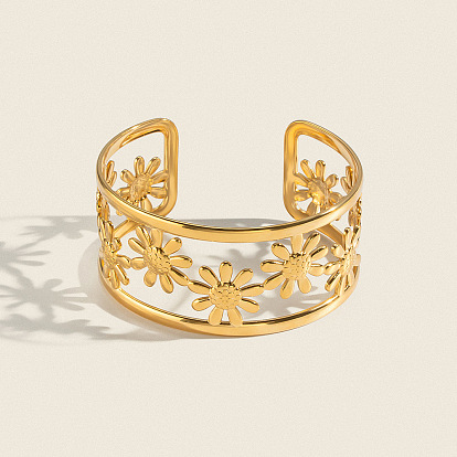 304 Stainless Steel Vintage Daisy Flower Hollow Open Cuff Bangles for Women