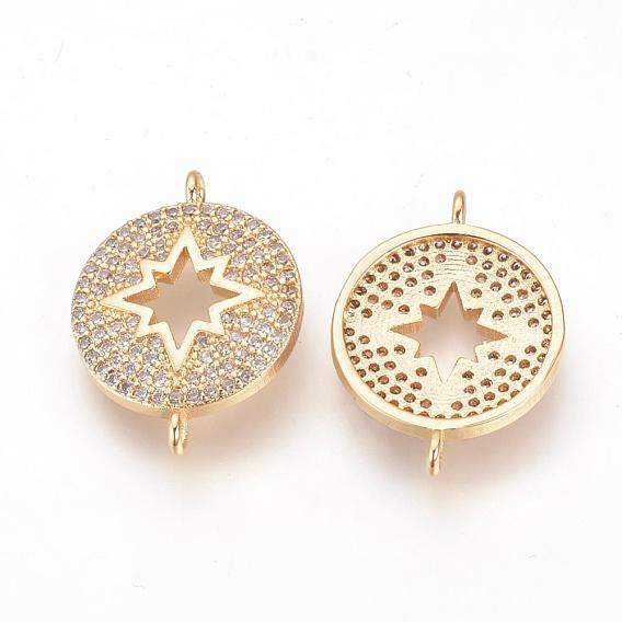 Brass Micro Pave Cubic Zirconia Links, Flat Round, Nickel Free