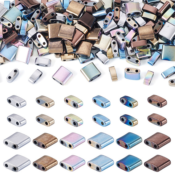 480Pcs 12 Styles Electroplated Synthetic Non-magnetic Hematite Beads, Rectangle and Square, 2-Hole