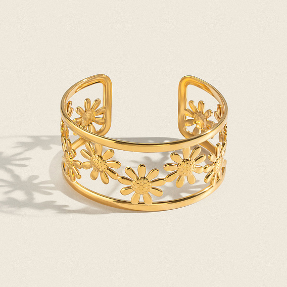 304 Stainless Steel Vintage Daisy Flower Hollow Open Cuff Bangles for Women