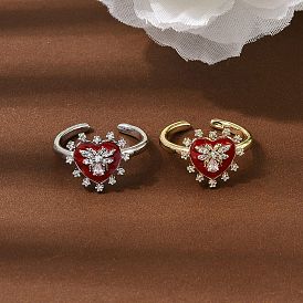 Латунные микропаве кубические цирконии манжеты открытые кольца для женщин, сердце с пчелами, с эмалью, стойки покрытие, без кадмия и без свинца, долговечный