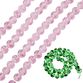 1 Нити светящихся бусин ручной работы из золота и песка, изготовленных методом лэмпворк., круглые с розовым, светится в темноте