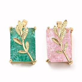 Glass Pendants, with Real 18K Gold Plated Brass Findings, Rectangle with Leaf