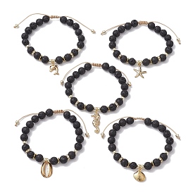 Adjustable Natural Lava Rock Braided Bead Bracelets, Ocean Theme Golden Tone 304 Stainless Steel Charm Bracelets for Women